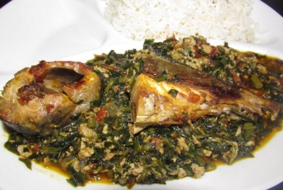 UGU LEAF STEW COOKED WITH FRESH TOMATOES EGGS AND FISH